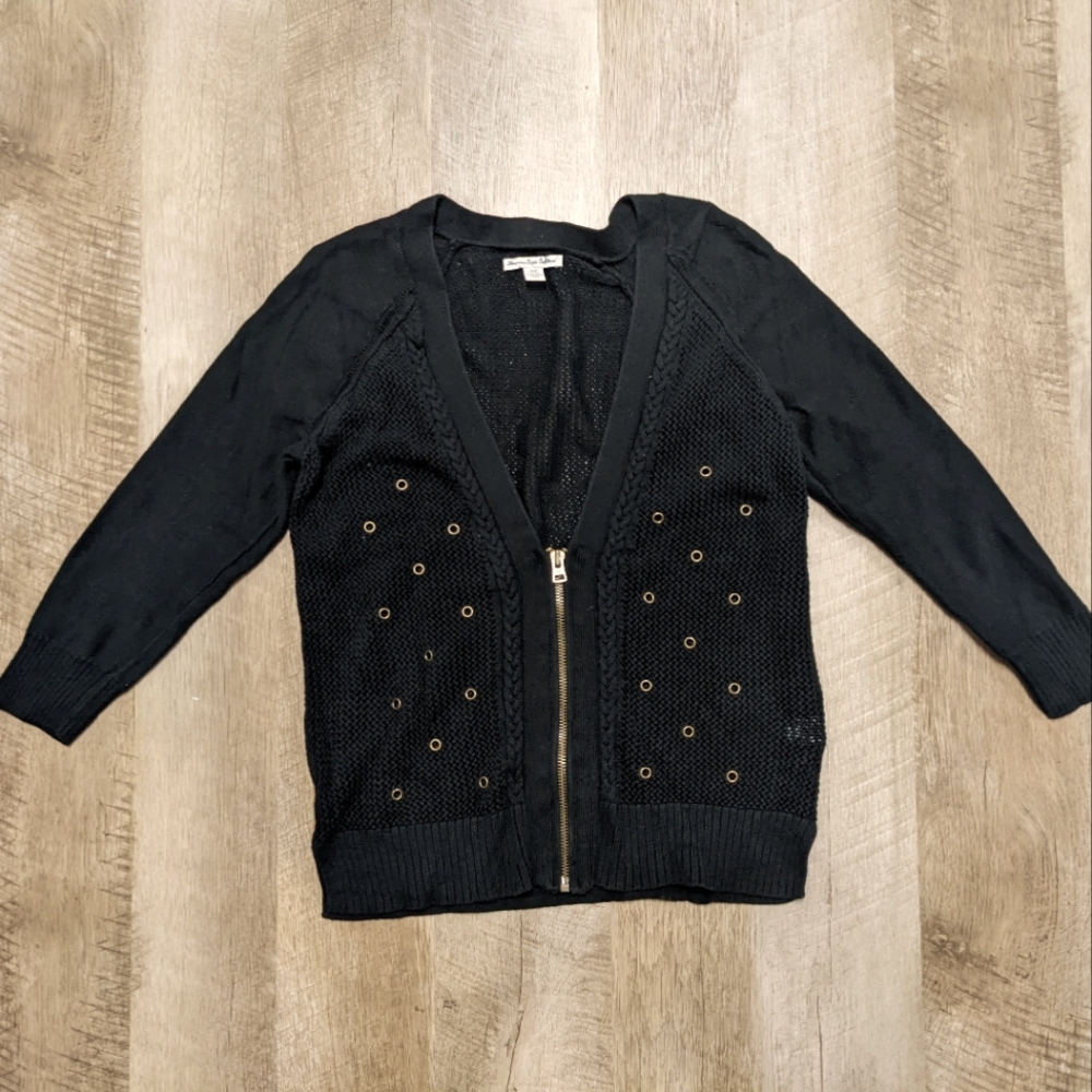 American Eagle Outfitters Black V Neck Open Knit Cardigan